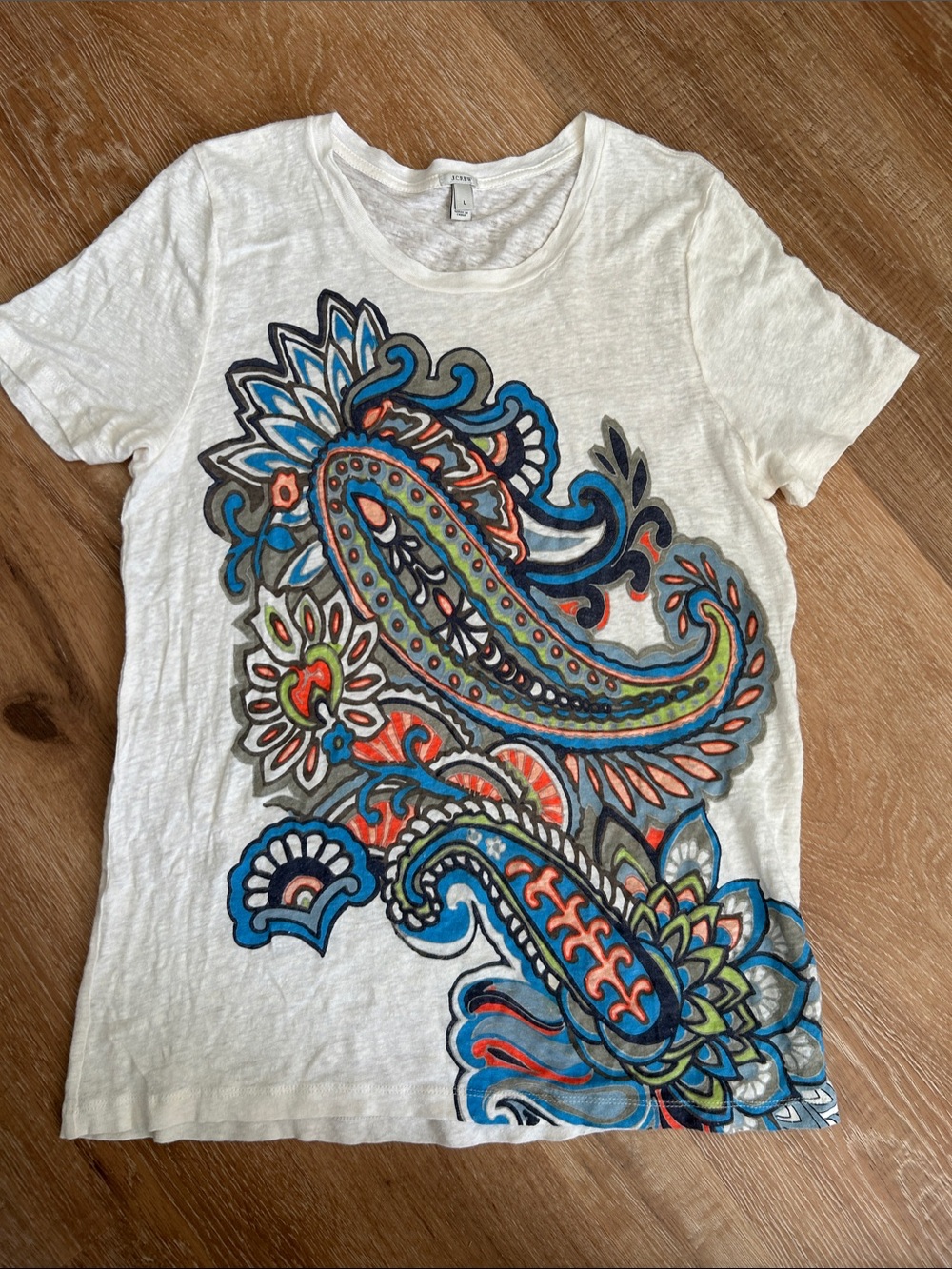 J. Crew White Short Sleeve Tee with Multicolor Paisley Print Size L